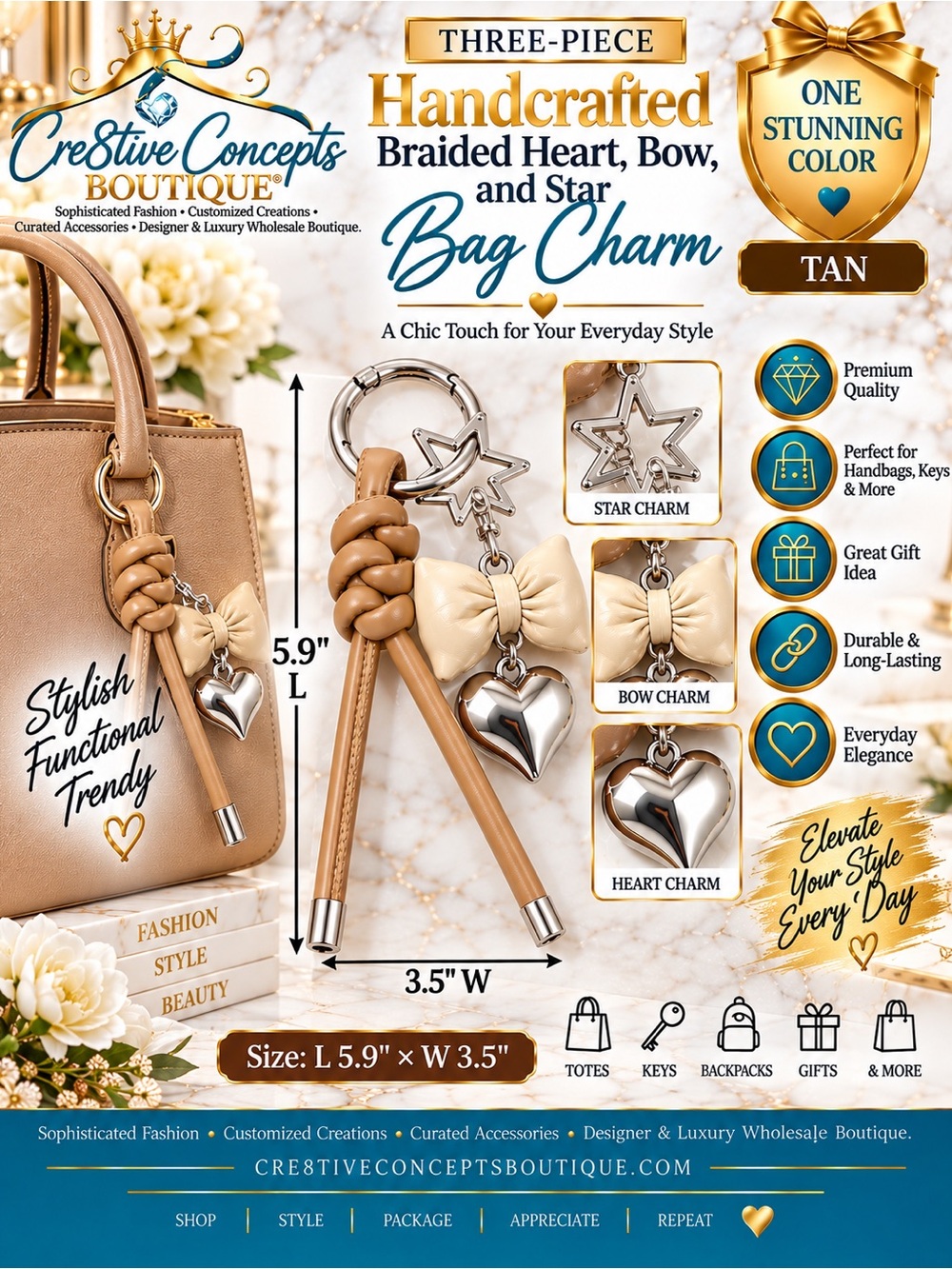 3-Piece Handcrafted Braided Heart, Bow & Star Bag Charm Keychain-Tan